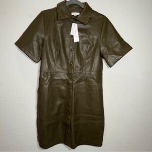 Topshop Faux Leather Button Front Dress pockets mini olive green US 8 NWT